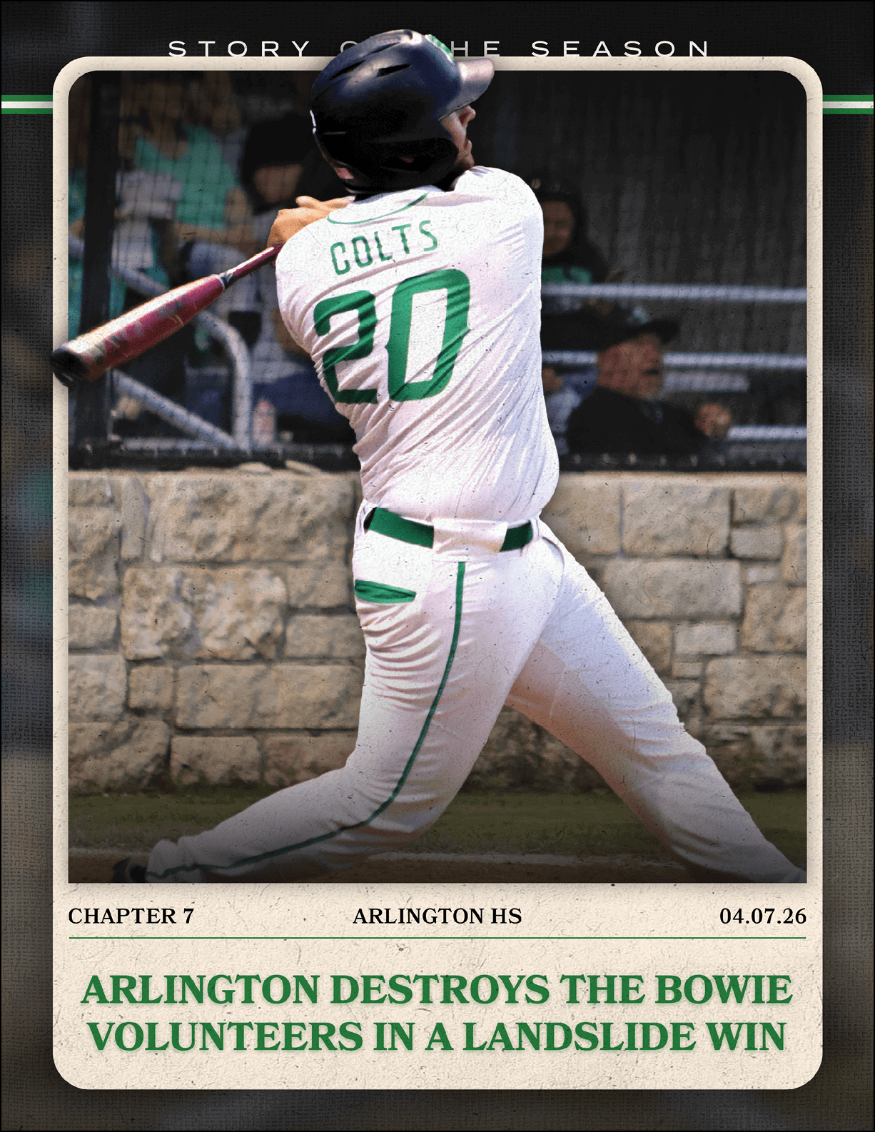 A baseball player in a white and green uniform is swinging a bat. Description generated by AI