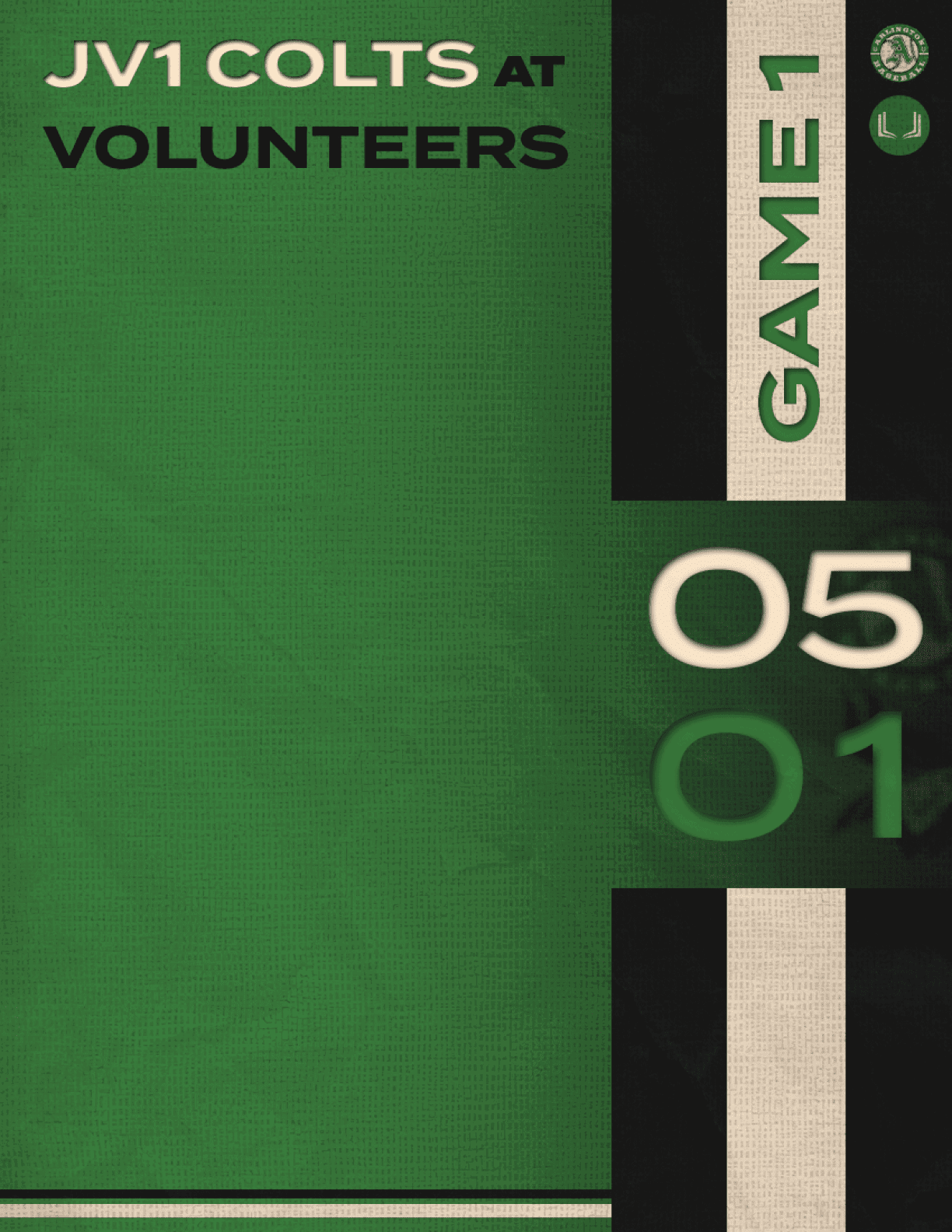 A green and white striped poster with the number 05 on it. Description generated by AI