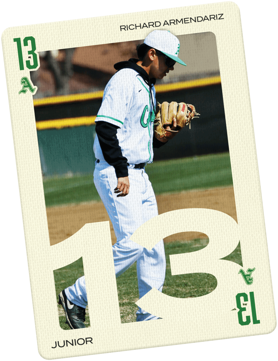 A baseball player wearing a white uniform with the number 13 on the back. Description generated by AI