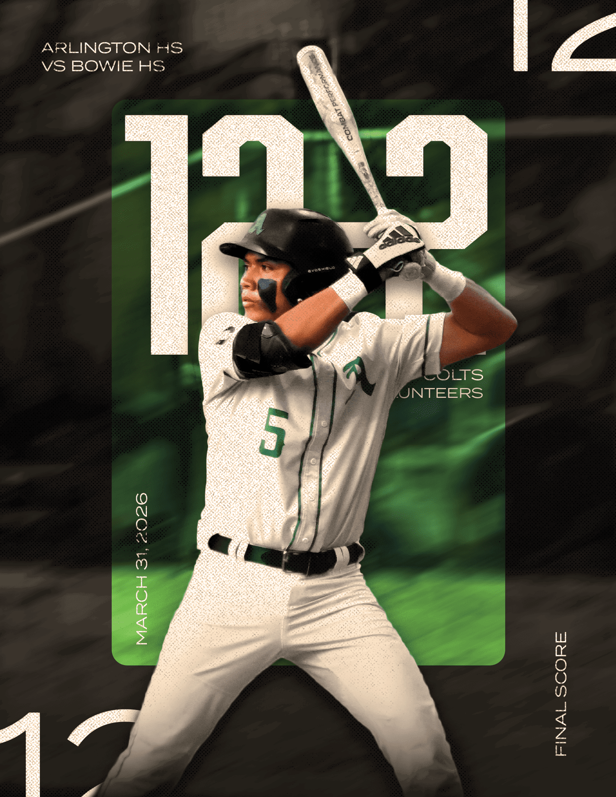 A baseball player in a green and white uniform is swinging a bat. Description generated by AI