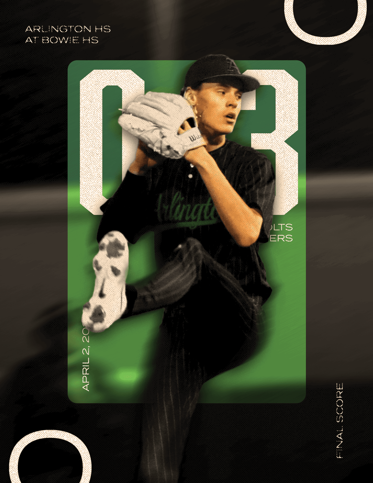A baseball player wearing a black and green jersey. Description generated by AI