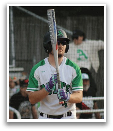 A baseball player holding a bat. Description generated by AI