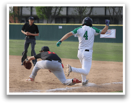 A baseball player sliding into a base. Description generated by AI