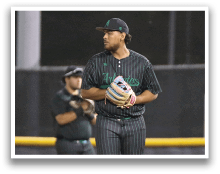 A baseball player in a black shirt and green hat is standing on the pitcher's mound. Description generated by AI