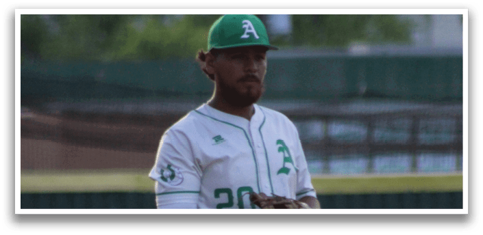 A baseball player wearing a green hat and black shirt is throwing a ball. Description generated by AI