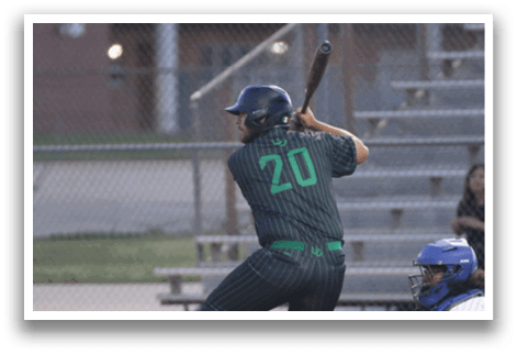 A baseball player is swinging a bat at a ball. Description generated by AI