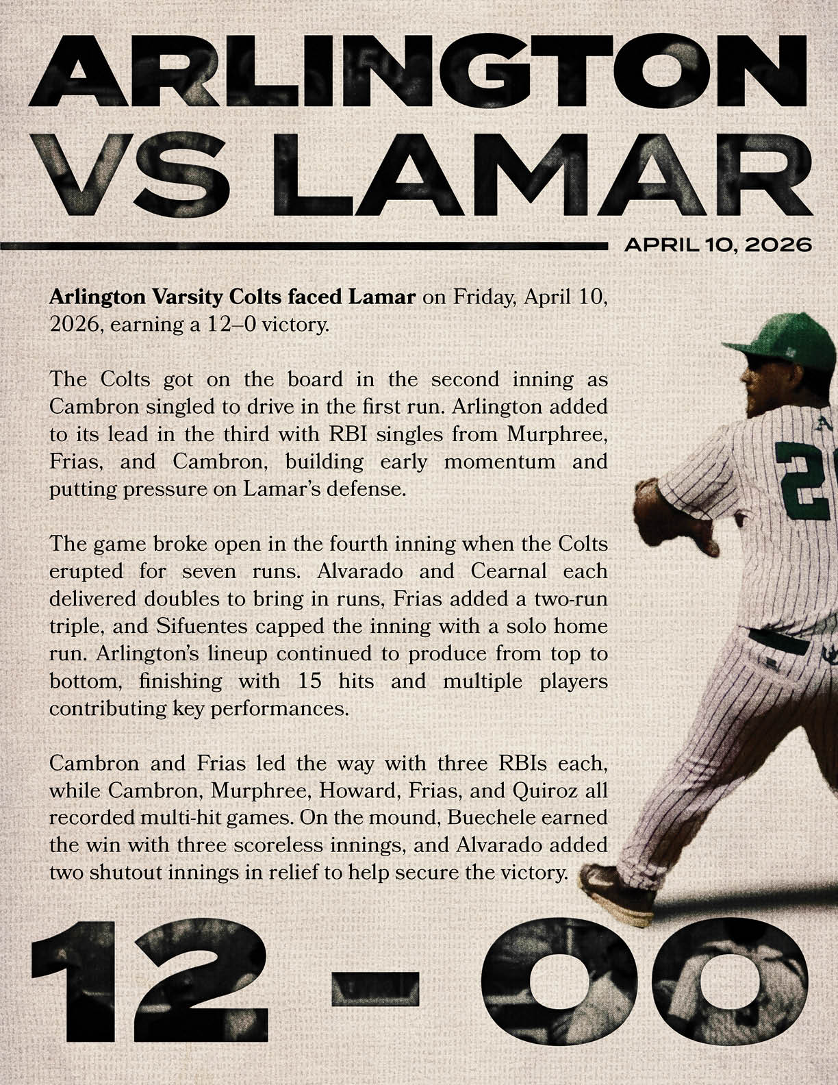 A baseball game between the Arlington Cubs and the Lamar Cardinals. Description generated by AI