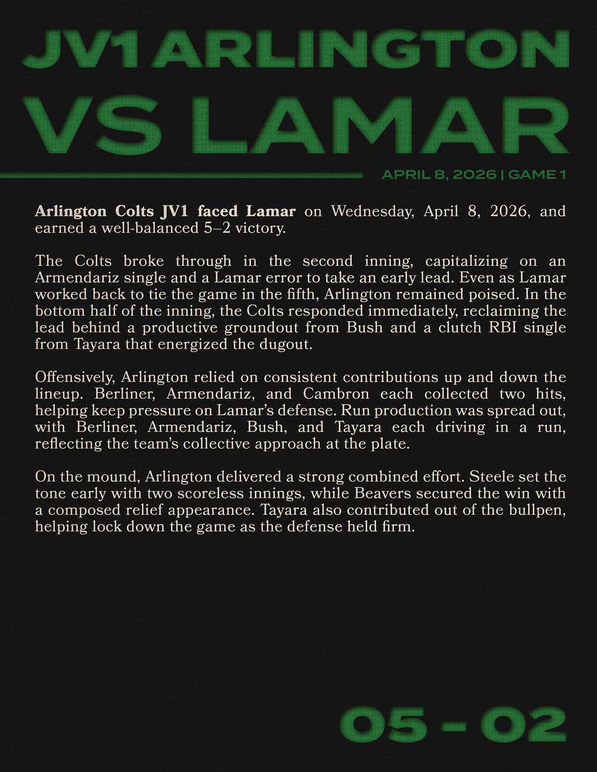 A baseball game between the Arlington Colts and the Lamarr. Description generated by AI