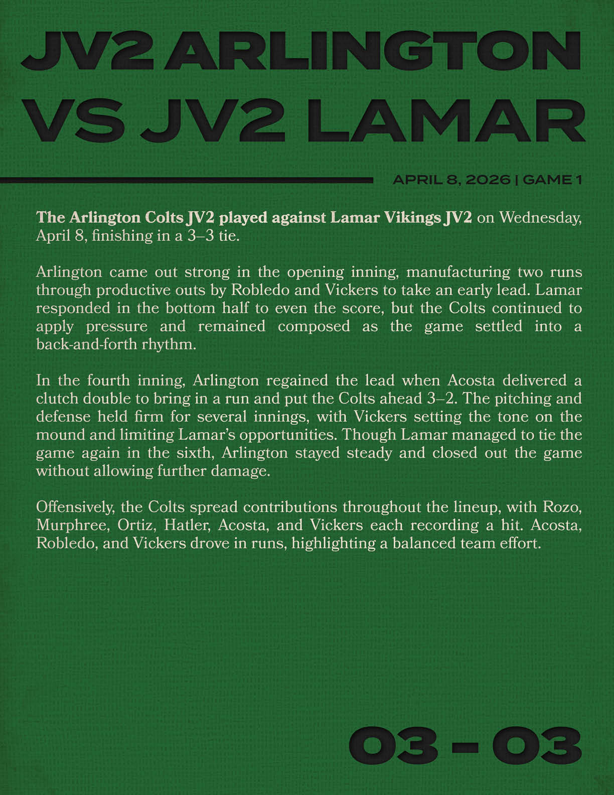 A green poster with the words “Arlington vs. JV2 Lamar" on it. Description generated by AI