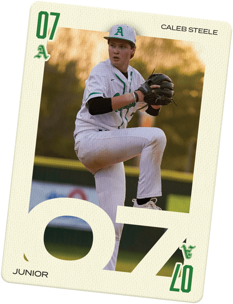 A baseball player wearing a white uniform and a green hat. Description generated by AI
