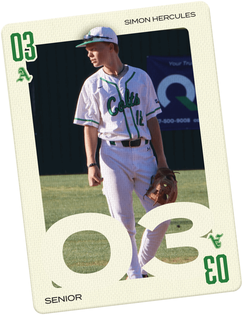 A baseball player wearing a white uniform and a green hat. Description generated by AI