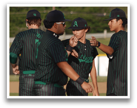 A group of baseball players wearing green and black uniforms. Description generated by AI