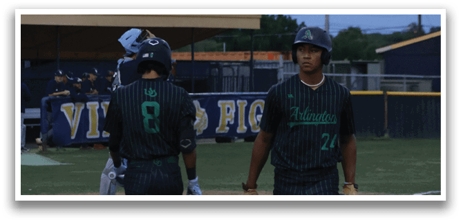 Two baseball players standing on a field. Description generated by AI