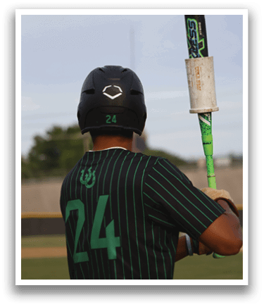 A baseball player holding a bat. Description generated by AI