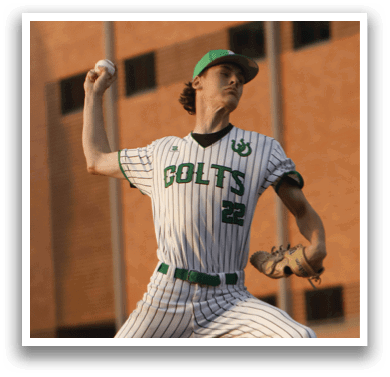 A baseball player in a green and white uniform is throwing a ball. Description generated by AI