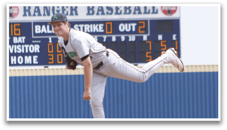 A baseball player wearing a white uniform and a green hat is jumping in the air. Description generated by AI
