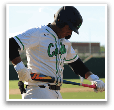 A baseball player holding a bat. Description generated by AI