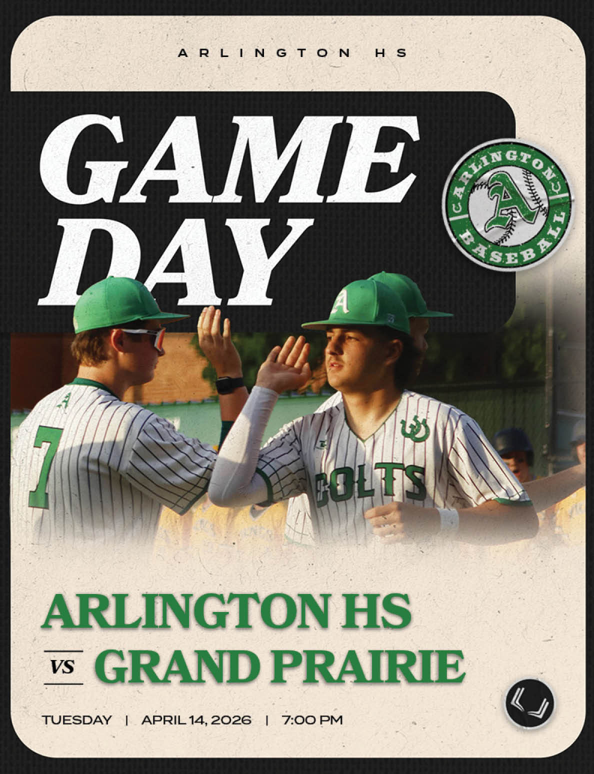 A flyer for a baseball game between Arlington and Grand Prairie. Description generated by AI