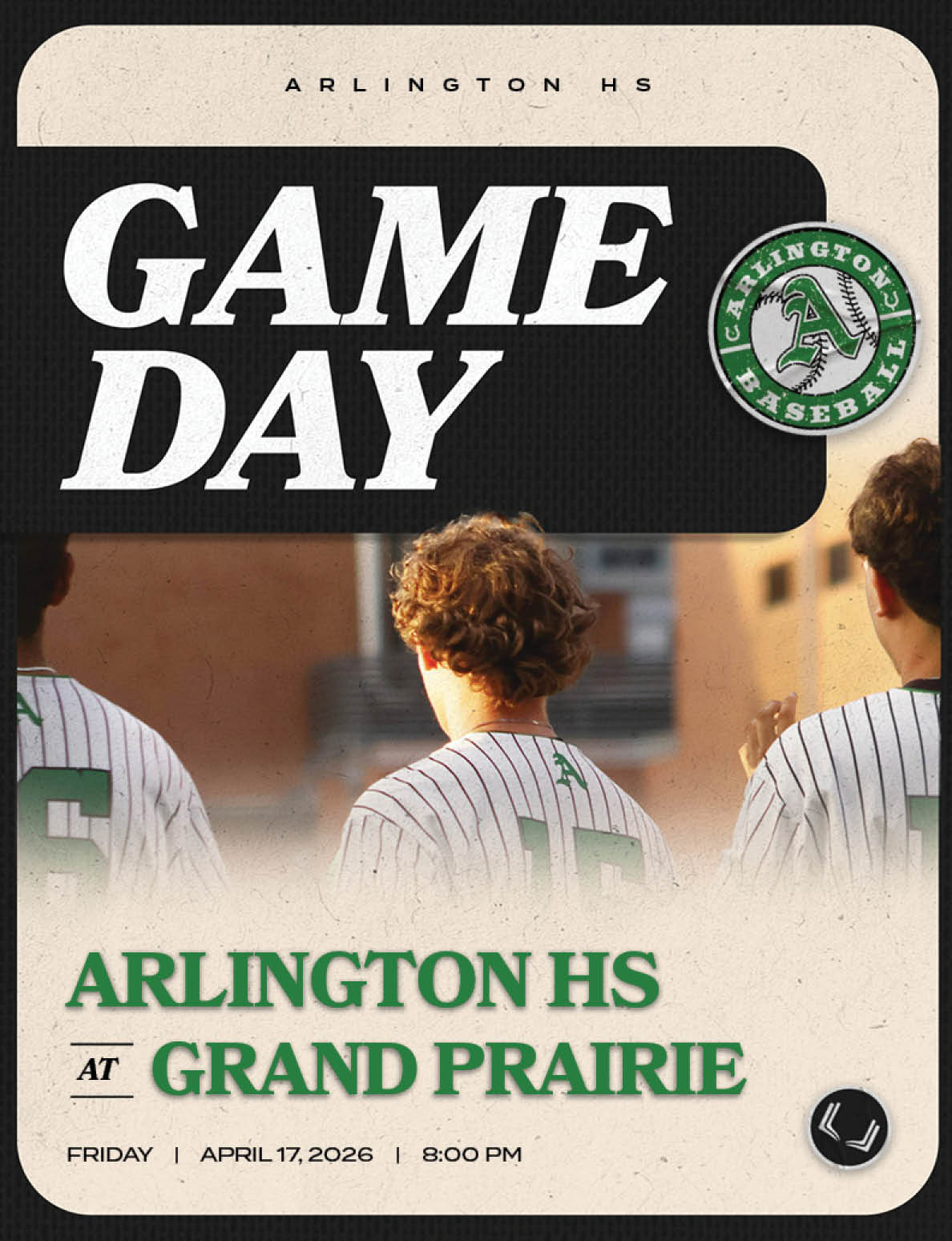 A flyer for a baseball game between Arlington and Grand Prairie. Description generated by AI