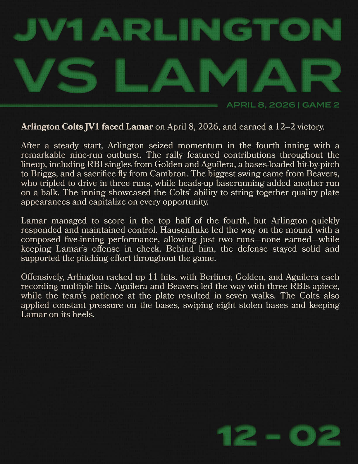 A baseball game between the Arlington Colts and the Lamar Cardinals. Description generated by AI