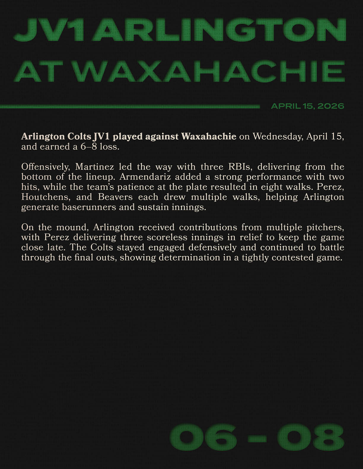 A baseball game between the Arlington Cubs and the Waxahachie team. Description generated by AI