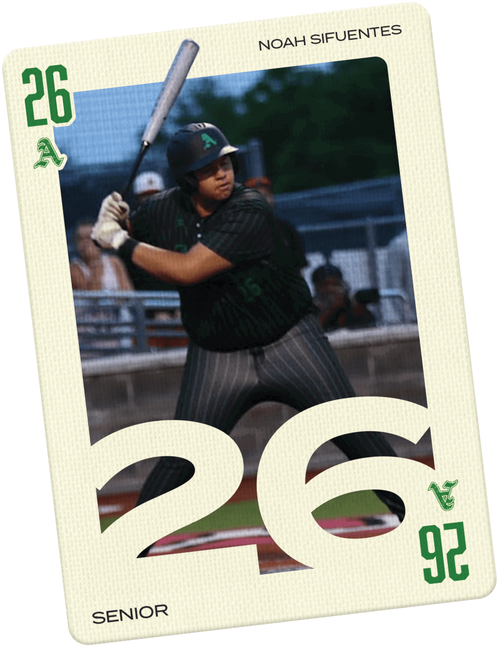 A baseball player holding a bat. Description generated by AI