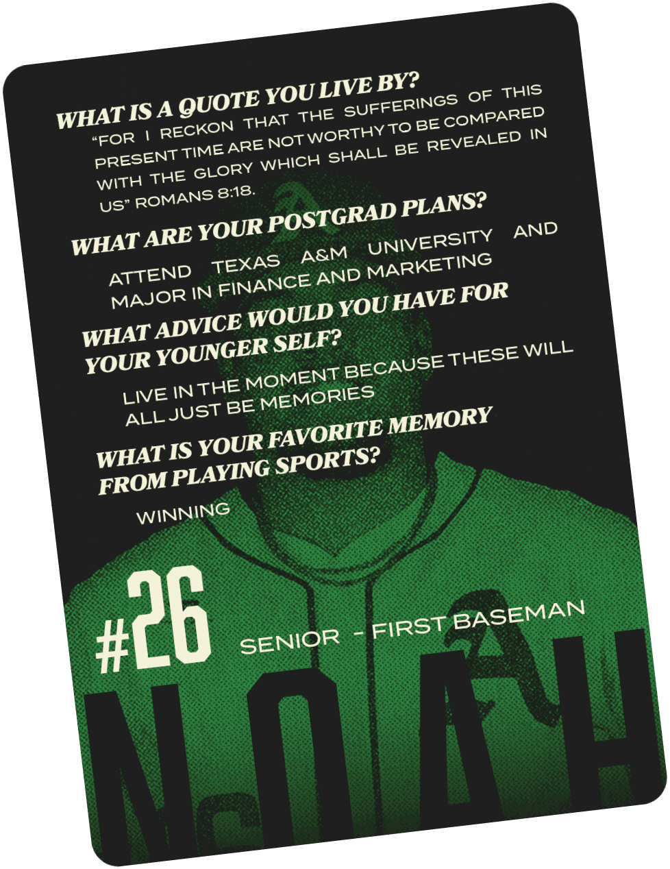 A green and white poster with a baseball player's jersey number 26 on it. Description generated by AI