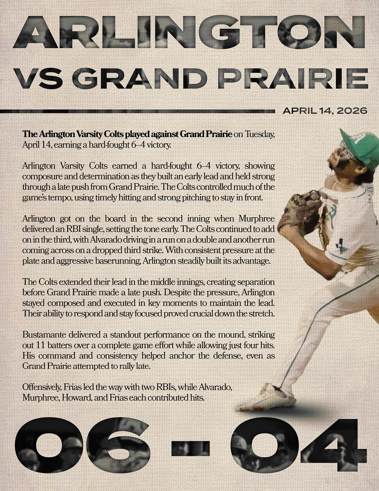 A baseball game between the Arlington Cubs and the Grand Prairie team. Description generated by AI