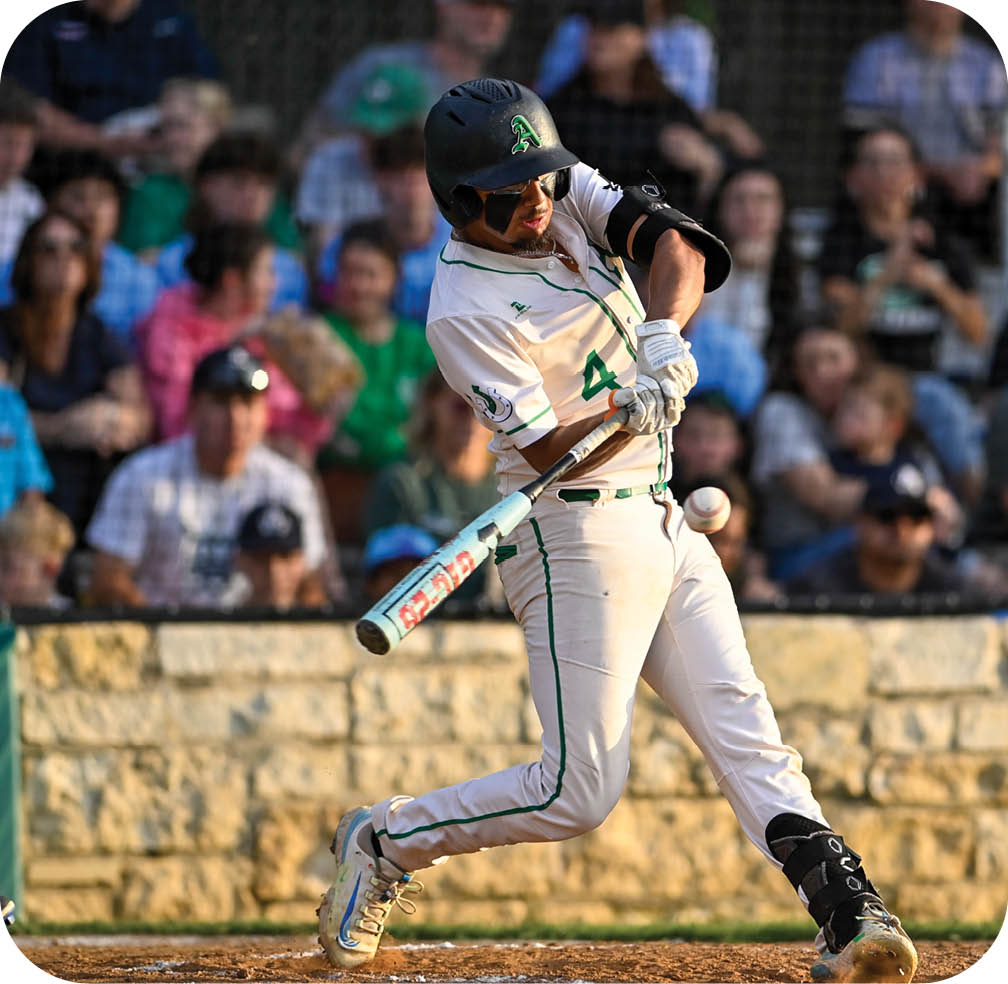 A baseball player is swinging a bat at a ball. Description generated by AI