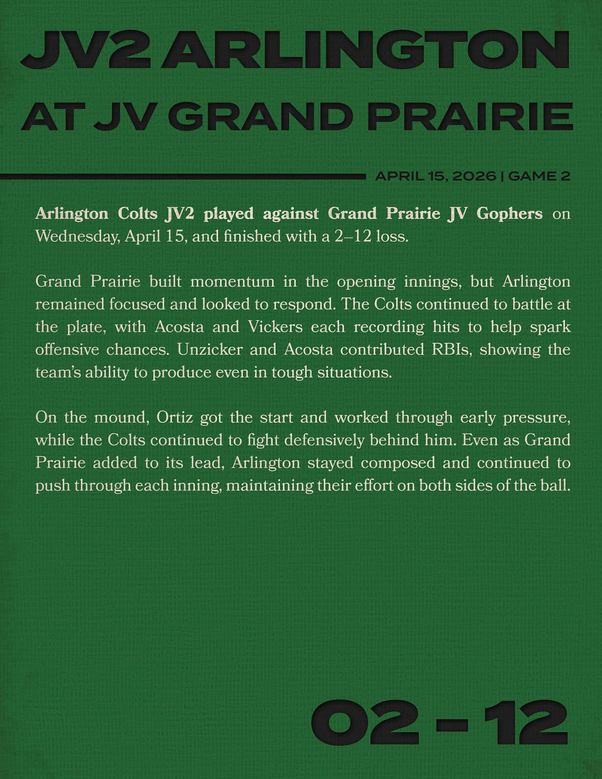 A green poster with the words “Arlington at JV2 Grand Prairie" written on it. Description generated by AI