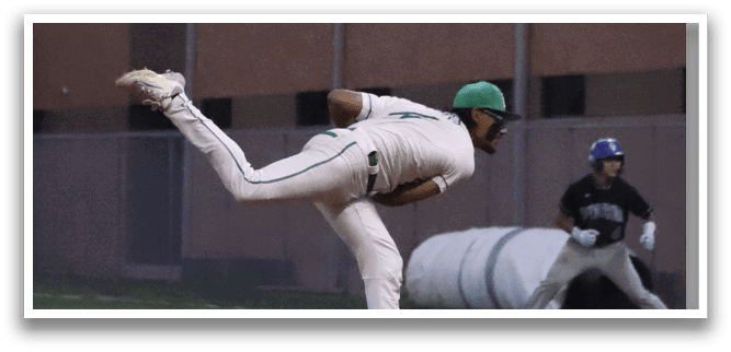 A baseball player is in the air, throwing a ball. Description generated by AI