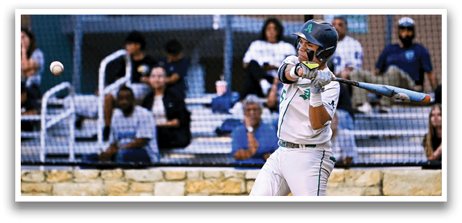 A baseball player is swinging a bat at a ball. Description generated by AI