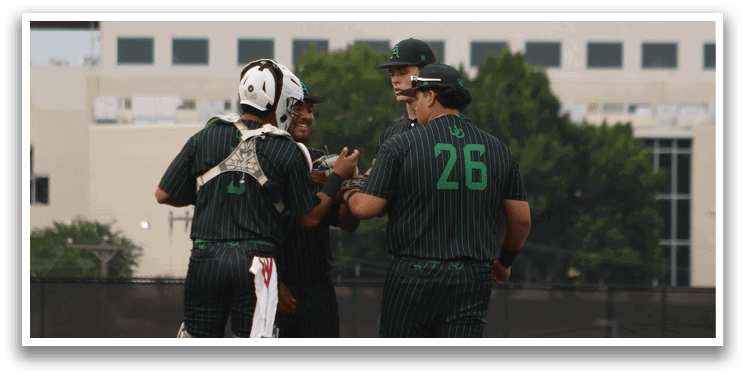 Three baseball players on a field. Description generated by AI