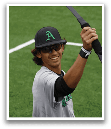 A baseball player wearing a black and white hat and sunglasses. Description generated by AI