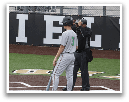 A baseball player holding a bat on a field. Description generated by AI