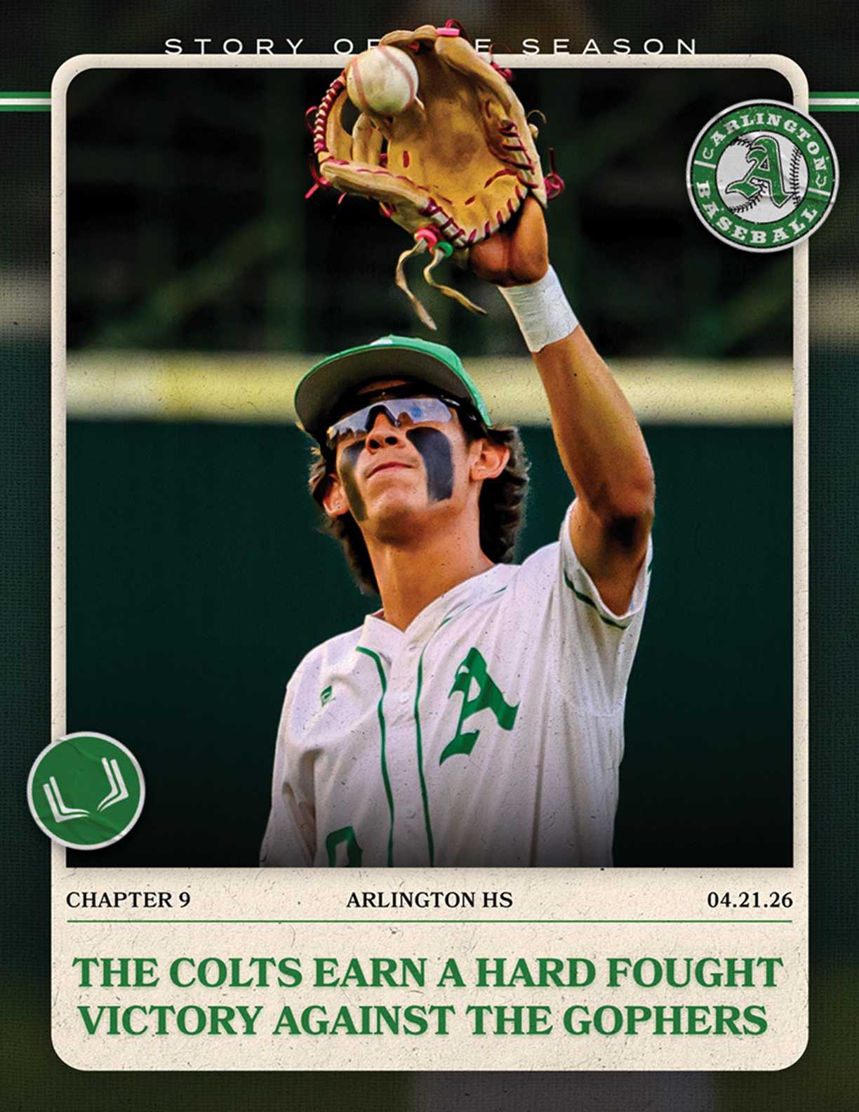 A baseball player wearing a white and green shirt and holding a baseball glove. Description generated by AI