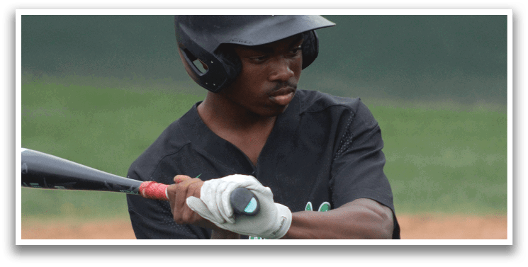 A baseball player wearing a black shirt and white pants holding a bat. Description generated by AI