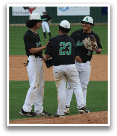Three baseball players wearing black and white uniforms. Description generated by AI