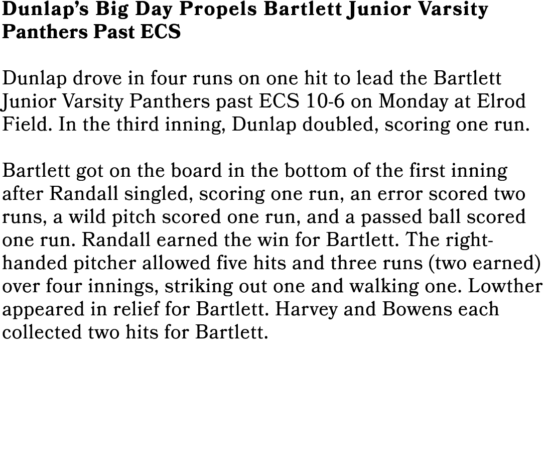 Dunlap’s Big Day Propels Bartlett Junior Varsity Panthers Past ECS Dunlap drove in four runs on one hit to lead the B...