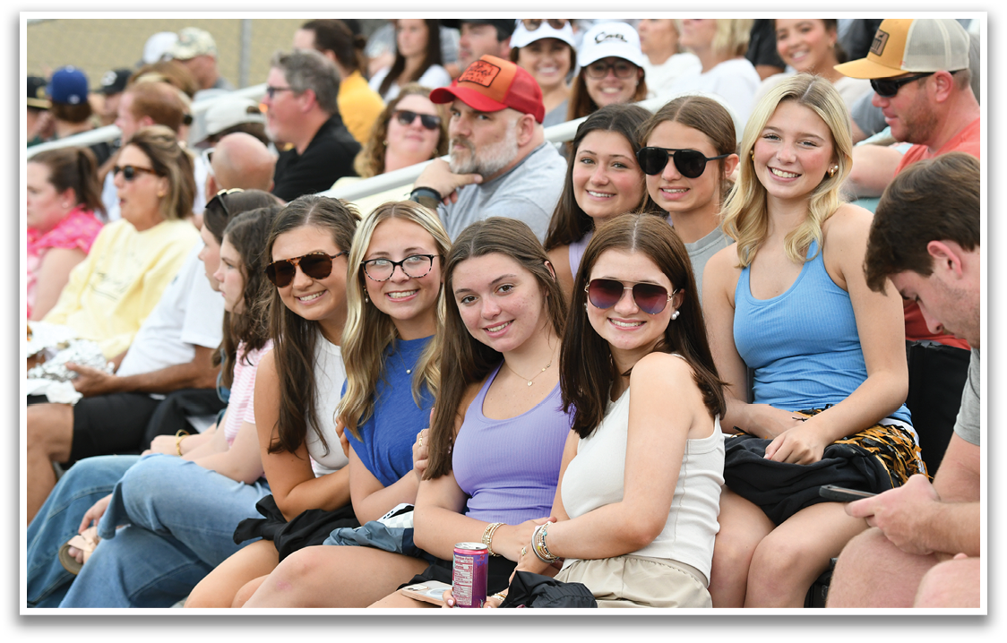 A group of women sitting in the stands at a baseball game. Description generated by AI