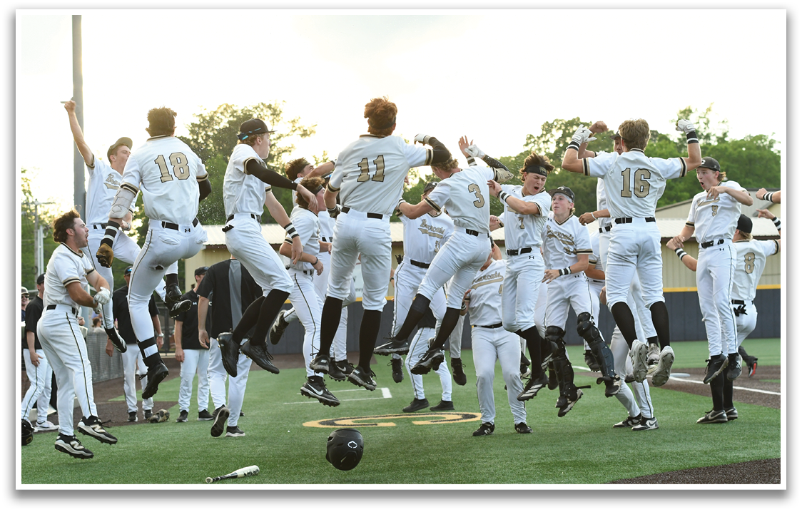 A group of baseball players celebrating a win. Description generated by AI