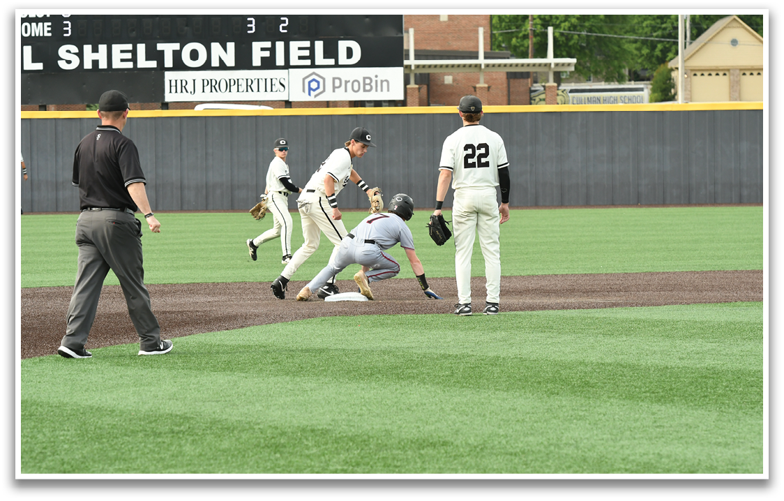 A baseball game is taking place on a field. Description generated by AI
