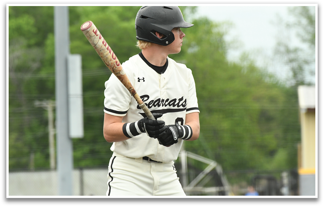 A baseball player holding a bat. Description generated by AI