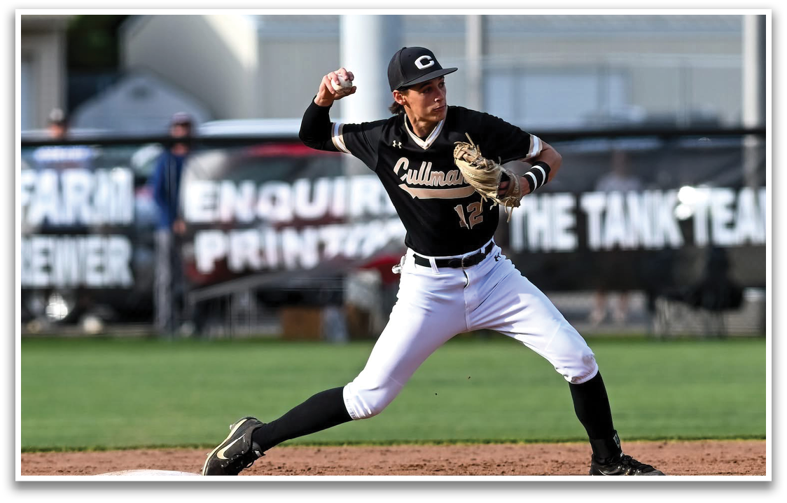 A baseball player wearing a black and white uniform. Description generated by AI