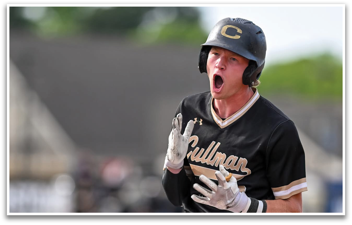 A baseball player wearing a black and white uniform with the word Cullman on the front. Description generated by AI