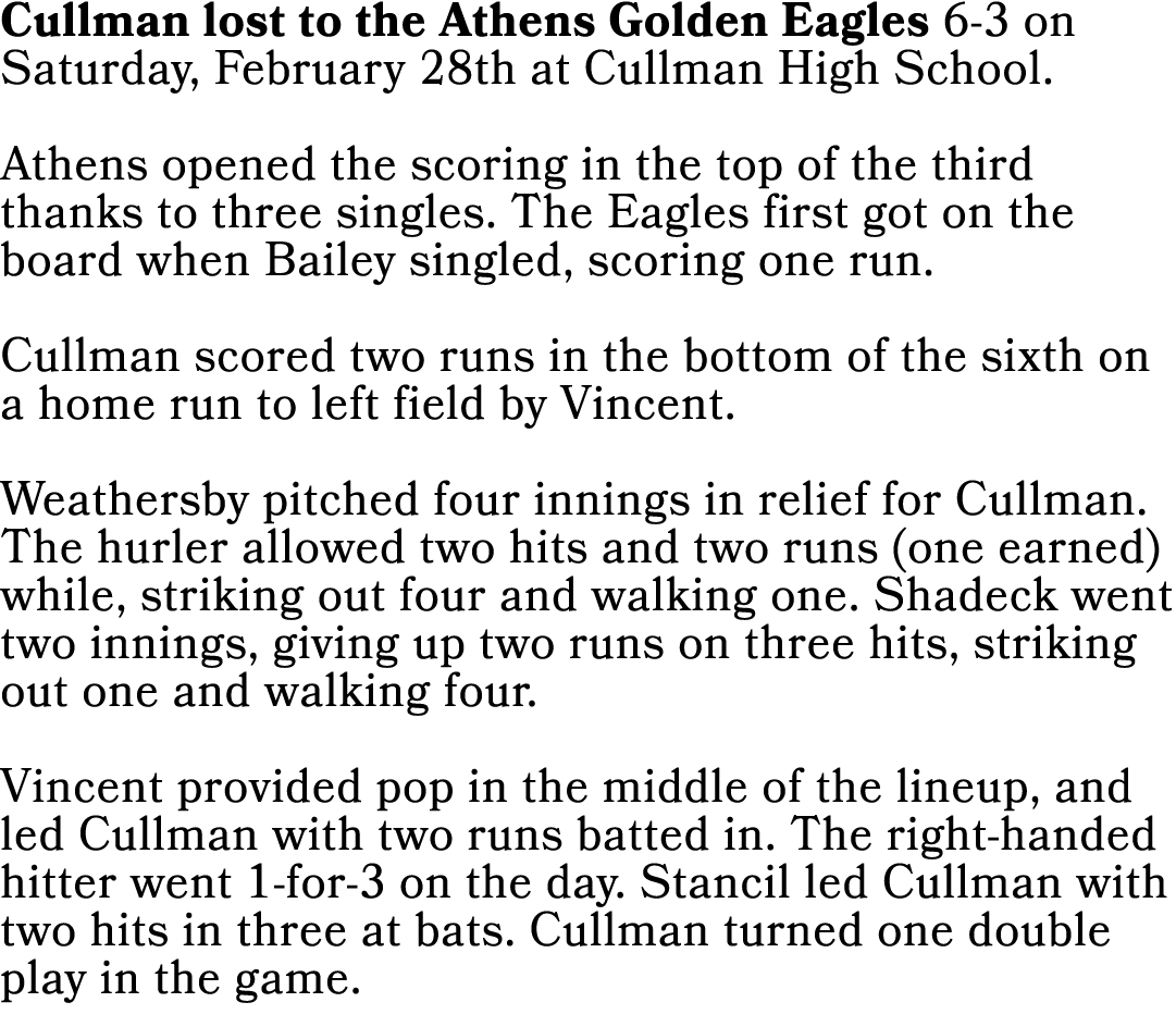 Cullman lost to the Athens Golden Eagles 6-3 on Saturday, February 28th at Cullman High School. Athens opened the sco...