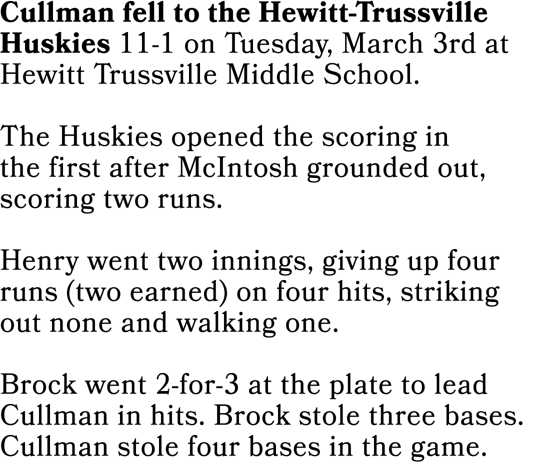 Cullman fell to the Hewitt-Trussville Huskies 11-1 on Tuesday, March 3rd at Hewitt Trussville Middle School. The Husk...