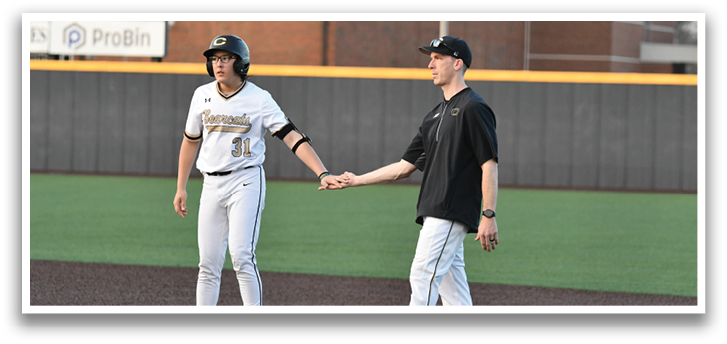 Two men shake hands on a baseball field. AI generated content