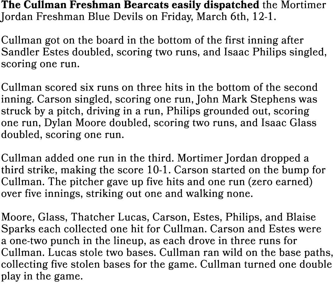 The Cullman Freshman Bearcats easily dispatched the Mortimer Jordan Freshman Blue Devils on Friday, March 6th, 12-1. ...