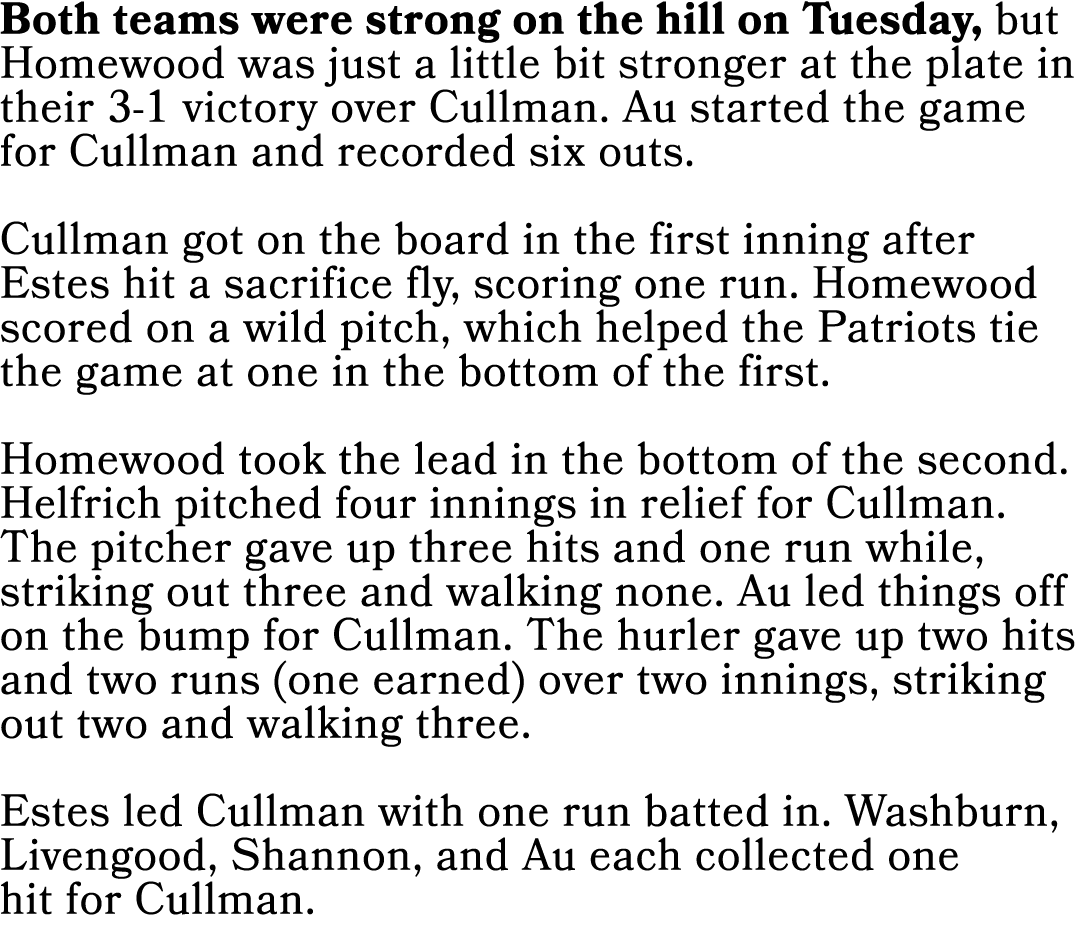 Both teams were strong on the hill on Tuesday, but Homewood was just a little bit stronger at the plate in their 3-1 ...